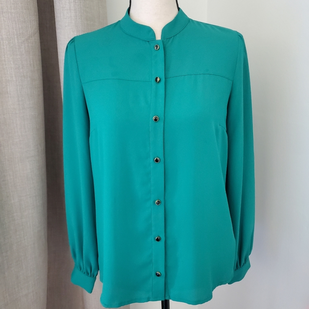 Green Blouse with Black and Gold Buttons